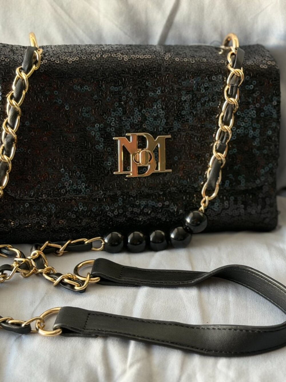 Badgley Mischka Black Sequin Pearl Evening Crossbody Bag NWT